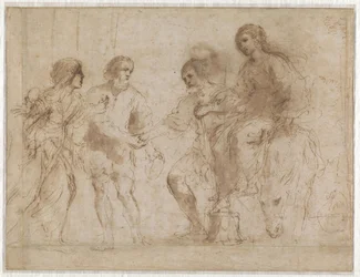 Begegnung von Maria und Josef vor dem Haus von Elisabeth und Zacharias (recto) Maria und Elisabeth am Fuße einer Treppe (verso)