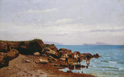 Fischer an der neapolitanischen Küste mit der Insel Capri im Hintergrund