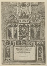 Fassade des Palazzo del Senato in Bologna mit den päpstlichen Wappen in der Mitte, mit temporären Dekorationen, 1598