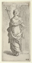 Mädchen, das ein Kruzifix trägt und auf einen Pfeiler zugeht, von hinten gesehen, ca. 1590-1600