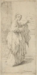 Mädchen, das ein Kissen trägt, im Profil nach rechts gesehen, 1590-1690