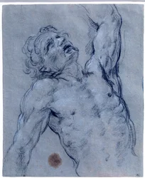Halbfigur eines nackten Mannes, der sich zurücklehnt und vorgibt zu leiden. Zeichnung von Guido Reni genannt Der Guide (1573-1642)