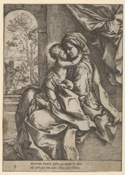 Die Jungfrau, die mit dem Christuskind auf ihrem Schoß sitzt und ihn umarmt, Joseph im Hintergrund, ca. 1600-1613