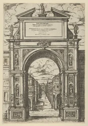 Triumphbogen mit einer Statue, die die Stadt Bologna darstellt, Gebäude im Hintergrund