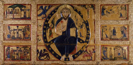 Der Erlöser und die Symbole der Evangelisten, von Guido da Siena, Gemälde auf Holz