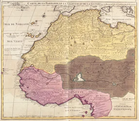 Karte von Barbaria (Marokko, Algerien, Tunesien, Libyen), Nigritude (Mali, Burkina Faso, Niger) und Guinea (Senegal, Guinea, Sierra Leone, Liberia, Elfenbeinküste, Ghana, Togo, Benin, Nigeria)