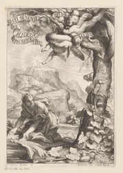 Allegorische Darstellung einer gekrönten Frau, die einen Kalebassenbaum gießt; im Hintergrund besteigen Figuren einen Berg (Titelblatt für: Giovanni Baptista Ferrari, Fasti Senenses, Ab Academia Intronatorum Editi, 1661)