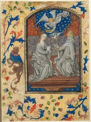Blatt aus einem Stundenbuch: Jungfrau und Kind auf dem Thron, ca. 1470-1480