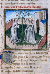 Darstellung eines Liebespaares in der Nähe einer Rose, Miniatur in "Roman de la Rose"