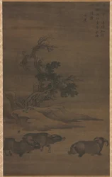 Hirtenjungen und Büffel in Landschaft