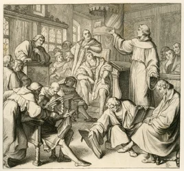 Martin Luther im Gespräch mit Dr. Johannes Eck (Johann Maier von Eck), auf der Seite Luthers sind Philipp Melanchthon (1497-1560) und Karlstadt (Andreas Rudolf Bodenstein von Karlstadt)