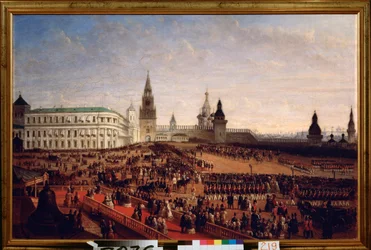 Militärparade anlässlich der Krönung von Kaiser Alexander II. (1818-1881) im Moskauer Kreml am 18. Februar 1855, um 1800-nach 1855