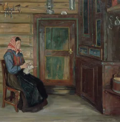 Bauernhofinterieur mit strickender Frau
