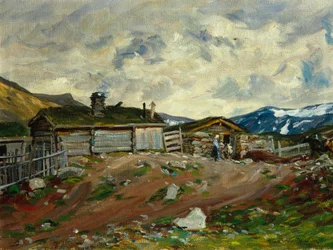 Bergbauernhof mit Frau und Kuh