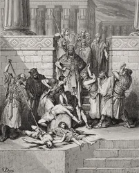 Schlachtung der Söhne Zedekias vor ihrem Vater, II Könige 25:7, Illustration aus Dores 