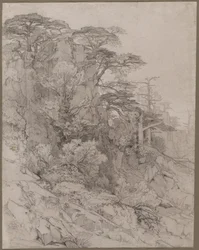Bäume auf einem felsigen Hügel, späte 1800er Jahre