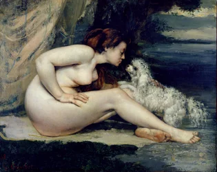 Weiblicher Akt mit einem Hund (Porträt von Leotine Renaude) 1861-62