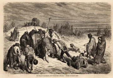 Eine Truppe von Bettlern und Kranken, ein wahres Wundergericht, ist auf dem Weg zu einer Diligence, um in der Nähe von Almuradiel (Provinz Mancha) um Almosen zu bitten. Zeichnung von Gustave Dore (1832-1883). Gravur zur Illustration der Reise nach Spanien,
