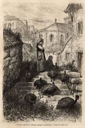 Ein Truthahnwächter, in den Straßen eines Dorfes auf dem Land von Salamanca. Zeichnung von Gustave Doré (1832-1883). Gravur zur Illustration der Reise in Spanien, von Charles Davillier, 1862, veröffentlicht in „Le tour du monde“ 1872, herausgegeben von Edo