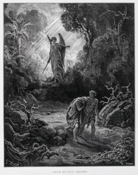 Adam und Eva werden von einem Engel aus dem Garten Eden verbannt, Illustration aus der Dore-Bibel