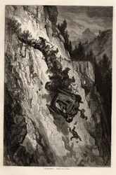 Ein Unfall der Diligence. Zeichnung von Gustave Doré zur Illustration seiner Reise nach Spanien mit C. Davillier 1862. Gravur in „Le tour du monde“, herausgegeben von Edouard Charton