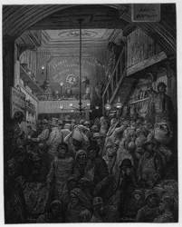 Billingsgate - Fischverkauf in der Criee. Illustration für London von Louis Enault, illustriert von Gustave Dore