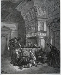 Camilla täuscht vor Lothario und Leonela einen Selbstmord vor - aus „Don Quijote von der Mancha“ von Miguel de Cervantes (1547-1616) (Don Quijote) - Holzschnitt nach einer Zeichnung von Gustave Doré