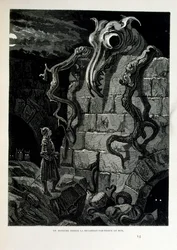 Croque-Mitaine; 1863 Illustration, von Gustave Doré; französischer Künstler, Druckgrafiker, Illustrator. Croque-Mitaine (Der Bögemann) eine bösartige Figur, die Kindern präsentiert wird, um sie zu erschrecken und dadurch weiser zu machen.