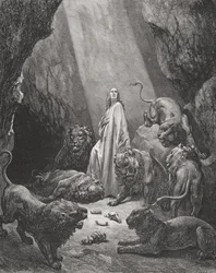 Daniel in der Löwengrube, Daniel 6,16-17, Illustration aus Dorés „Die Heilige Bibel“, gestochen von Piaud, 1866