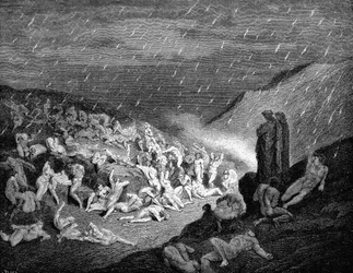 Dante und Virgil blicken auf die Seelen in Qualen in der Hölle