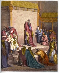 David, König des Vereinigten Königreichs Israel, trauert um den Tod von Absalom. König David untröstlich über den Tod von Absalom - Gravur in 