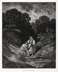 David und Jonathan, heroische Figuren des Königreichs Israel, die einen Freundschaftsbund schlossen, aufgezeichnet in den Büchern Samuel, Illustration aus der Dore-Bibel