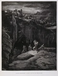 David bietet Saul, dem König von Israel, sein Schwert in Treue an, Illustration aus der Dore-Bibel