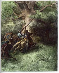 Tod Absaloms (Avshalom) - Der Tod Absaloms (oder Avshalom, Absalon). Nach der Niederlage gegen die Truppen seines Vaters blieb Absalon auf der Flucht vom Schlachtfeld in den Ästen eines Baumes hängen - Stich in „La Bible illustrée“ von Gustave Doré (1832)