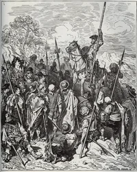 Don Quijote und Sancho mit der Truppe der schreienden Dorfbewohner - aus „Don Quijote de la Mancha“ von Miguel Cervantes (1547-1616) - Holzschnitt nach einer Zeichnung von Gustave Doré