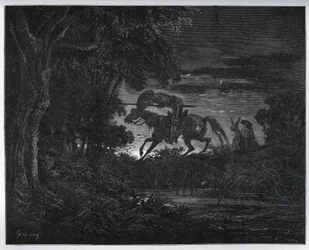 Don Quijote und Sancho Panza zu Beginn des Abenteuers in einem dichten und unbekannten Wald - aus „Don Quijote von der Mancha“ von Miguel Cervantes (1547-1616) - Holzschnitt nach einer Zeichnung von Gustave Doré