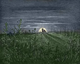 Don Quijote und Sancho auf dem Weg nach Toboso - aus „Don Quijote de la Mancha“ von Miguel Cervantes (1547-1616) - Holzschnitt nach einer Zeichnung von Gustave Doré (1832-1883)