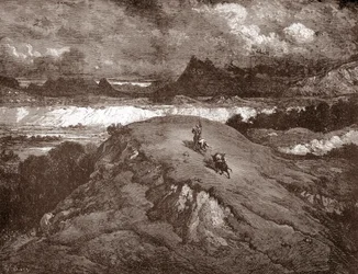 Don Quijote und Sancho Panza nähern sich der Sierra Morena. Gravur von Gustave Doré für „Der sinnreiche Junker Don Quijote von der Mancha“ von Miguel de Cervantes, 1863