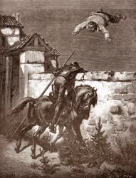 Don Quixote kann die Werfer von Sancho Panza nicht aufhalten, die ihn auf einer Decke hüpfen lassen. Gravur von Gustave Doré (1832-1883) für 