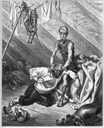 Don Quijote lässt Sancho Panza seinen kostbaren Balsam probieren, der sie beide von allen Übeln heilt - aus "Don Quijote von der Mancha" von Miguel Cervantes