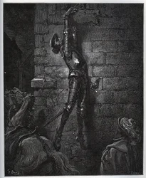 Don Quijote, von der Tochter des Wirts und Maritornes gefangen, bleibt an einem Fenster hängen. - Aus „Don Quijote von der Mancha“ von Miguel de Cervantes (1547-1616) (Don Quijote) - Holzschnitt nach einer Zeichnung von Gustave Doré