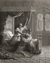 Eduard I. (1239-1307) von England tötet im Juni 1272 seinen verhinderten Attentäter, Illustration aus „Bibliothèque des Croisades“ von J-F. Michaud, 1877