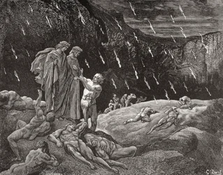 Stich von Gustave Doré (1832-1883), französischer Künstler und Illustrator für Inferno von Dante Alighieri, Canto XV, Zeilen 28 und 29