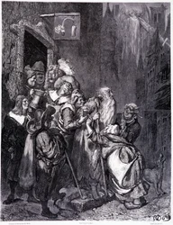 Tritt in dieses Gasthaus ein, Tafel IV - Illustration von Gustave Doré für La légende du Juif errant von Pierre Dupont, Paris 1862