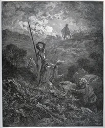 Erste Erscheinung der Deguenille-de-la-Malaise-Mine - aus „Don Quijote de la Mancha“ von Miguel Cervantes (1547-1616) (Don Quijote) - Holzschnitt nach einer Zeichnung von Gustave Dore.