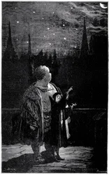 Gargantuas Erziehung: In der Nacht beobachtet der junge Riese mit einem Astronomen Sterne und Kometen am Nachthimmel. Illustration von Gustave Doré zum Werk von Rabelais.