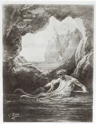 Gilliatt kämpft mit dem Riesenkraken, Illustration aus „Die Arbeiter des Meeres“ von Victor Hugo (1802-85), 1866