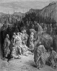 Gottfried trifft auf die Überreste von Peters Armee - Gravur von Gustave Doré