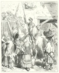 Gustave Dorés Don Quixote: "Ich habe mit all dem nichts zu tun," rief der Wirt; "bezahlen Sie Ihre Rechnung"