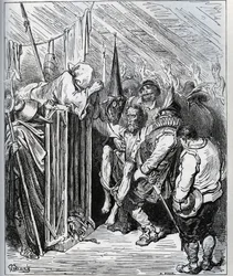 Wie man Don Quixote loswird. Die Leute des Gasthauses beschlossen, ihn einzusperren, indem sie ihn glauben ließen, es handele sich um eine neue Verzauberung und eine neue ritterliche Prüfung - aus „Don Quixote de la Mancha“ von Miguel Cervantes (1547-1616)